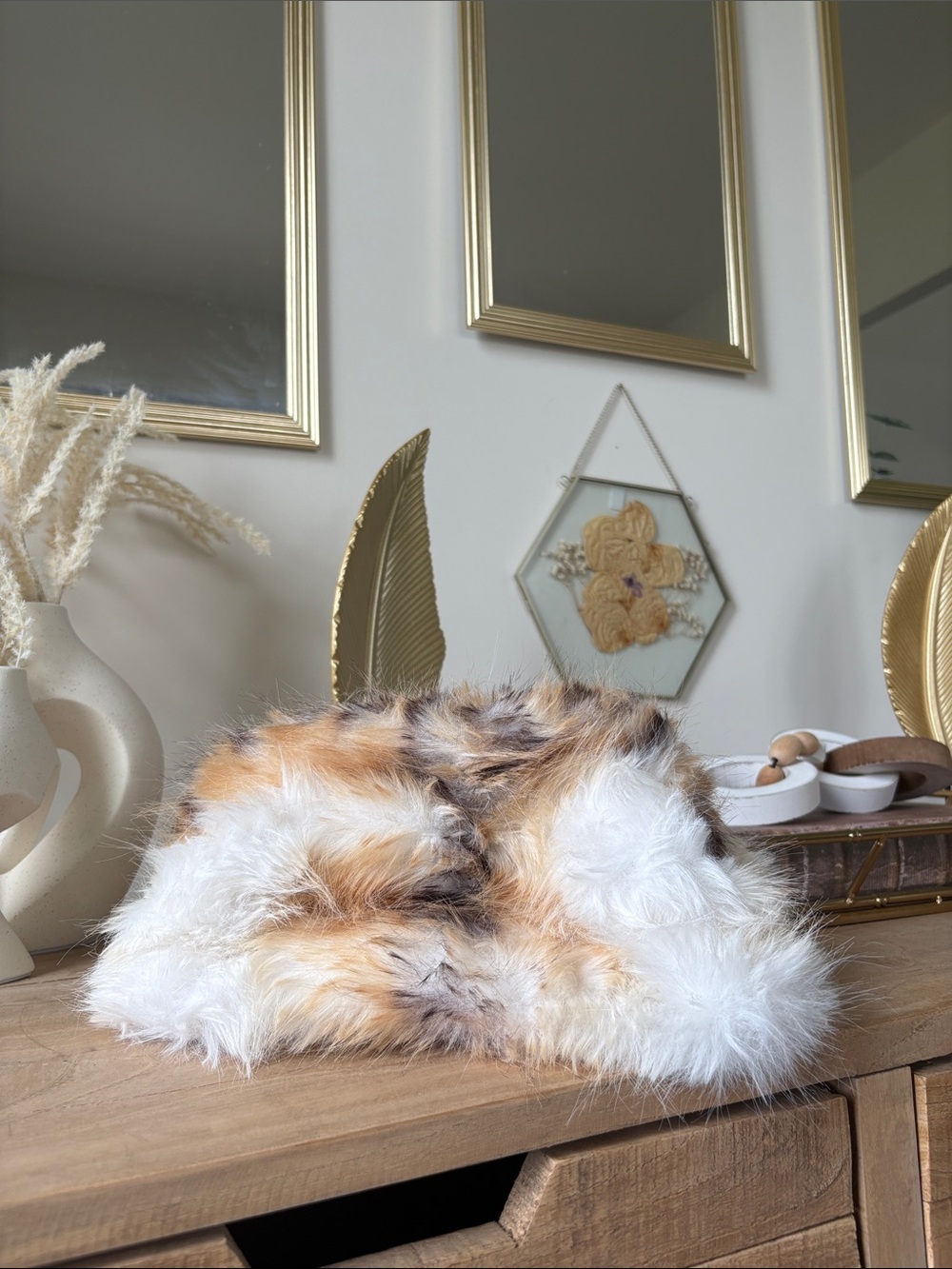 Plush Faux Fur Throw Pillow Cover in White and Brown